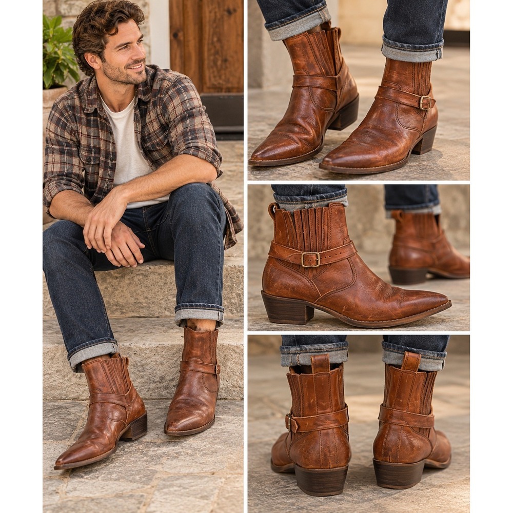 Hanover Vintage Mens Leather Western Ankle Boots Brown Pointed Toe Size 10